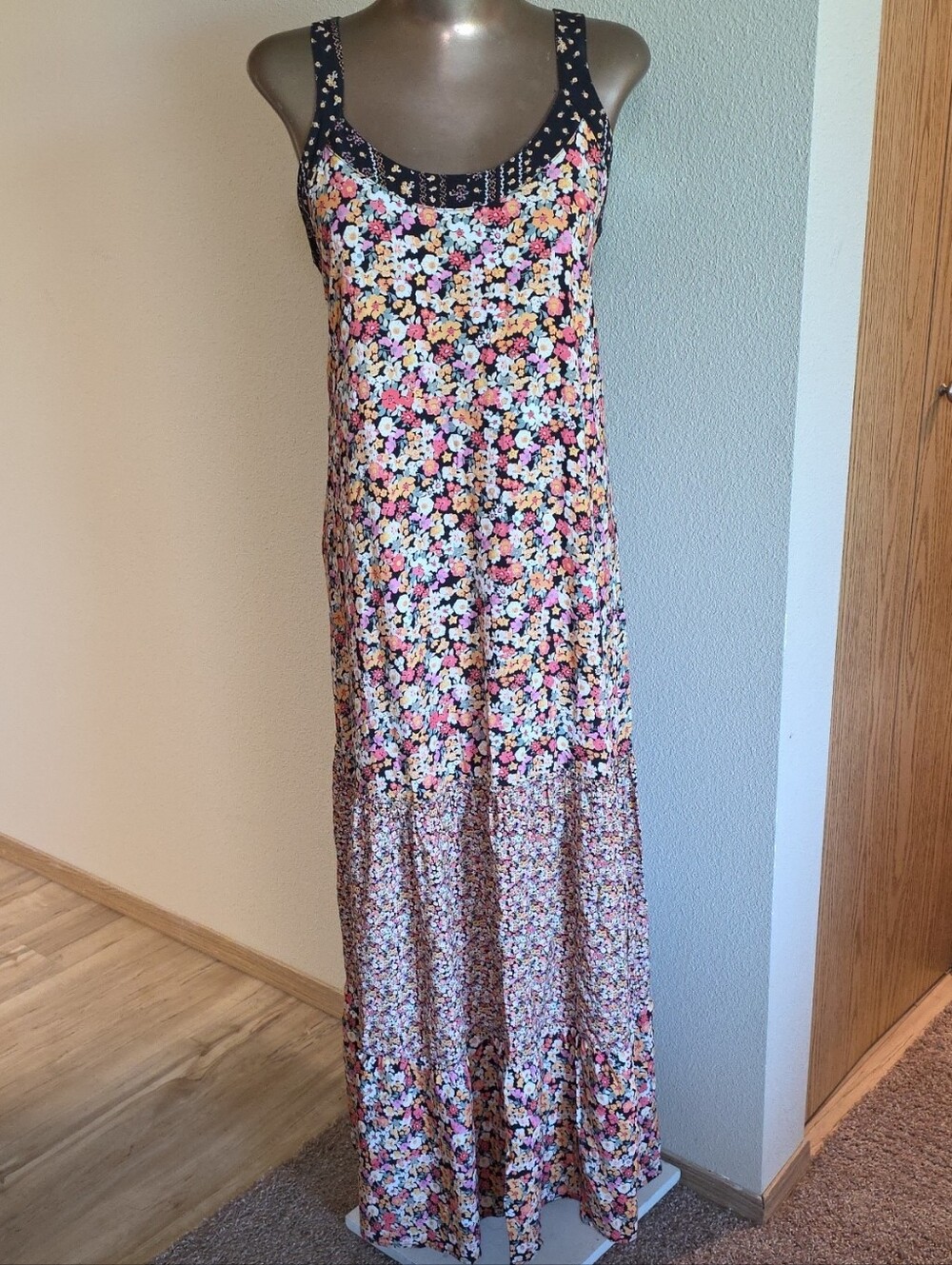 Anthropologie Black Floral Tiered Maxi Dress with Pink, White and Orange Blooms
